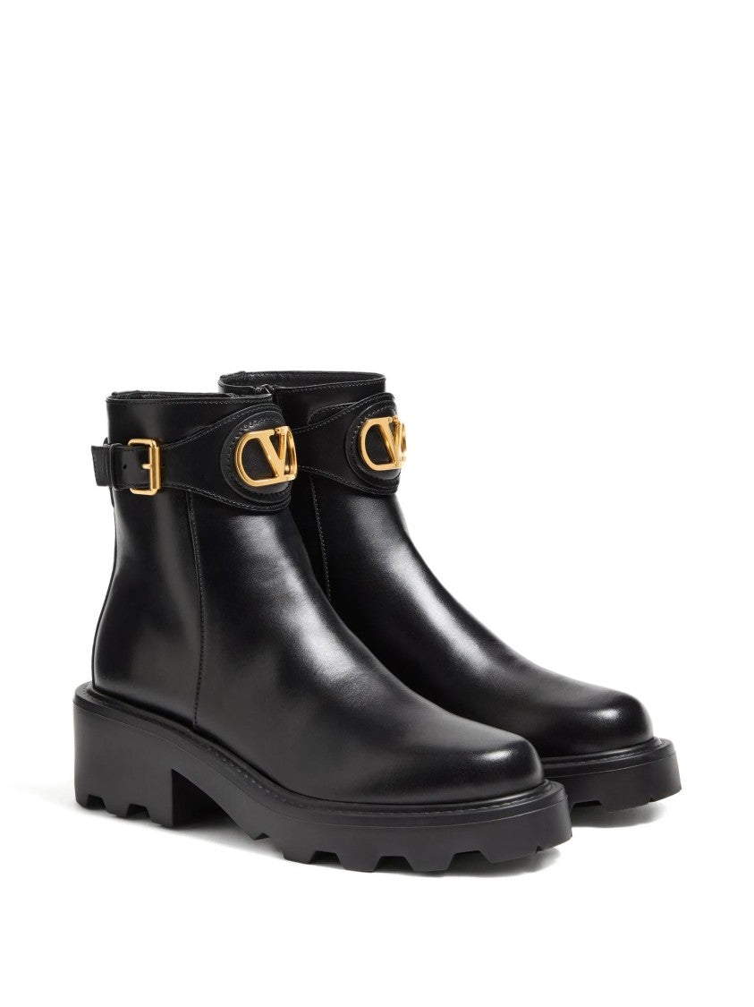 Valentino Black Leather Ankle Boots With Gold-Tone Logo And Chunky Sole