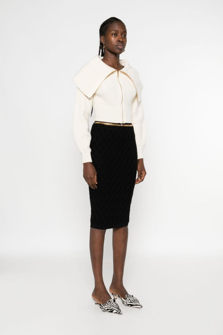 Elisabetta Franchi Cropped White Sweater With Fold-Over Collar