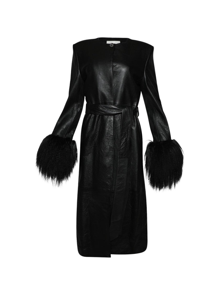 Magda Butrym Longline Leather And Shearling Trim Coat Black