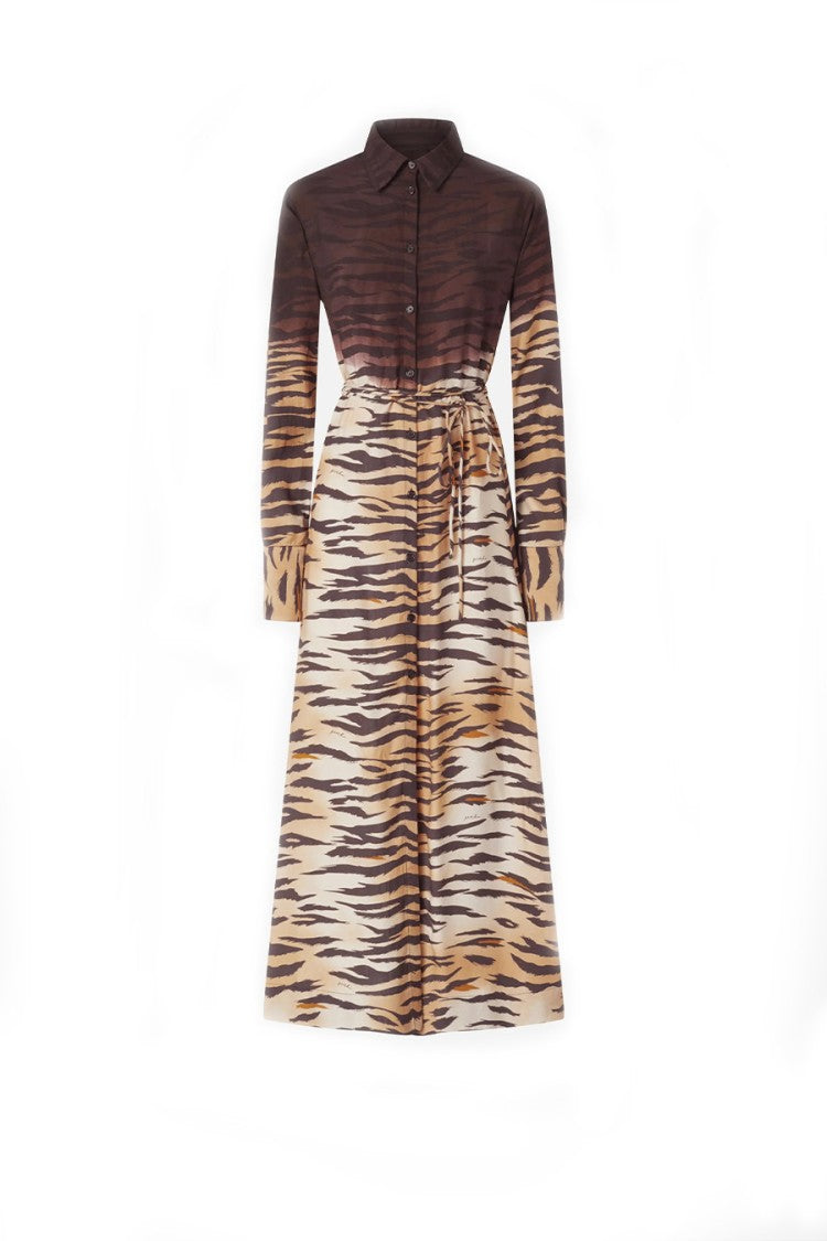 Pinko Brown Tiger-Stripe Print Self-Tie Belt Viscose Shirt