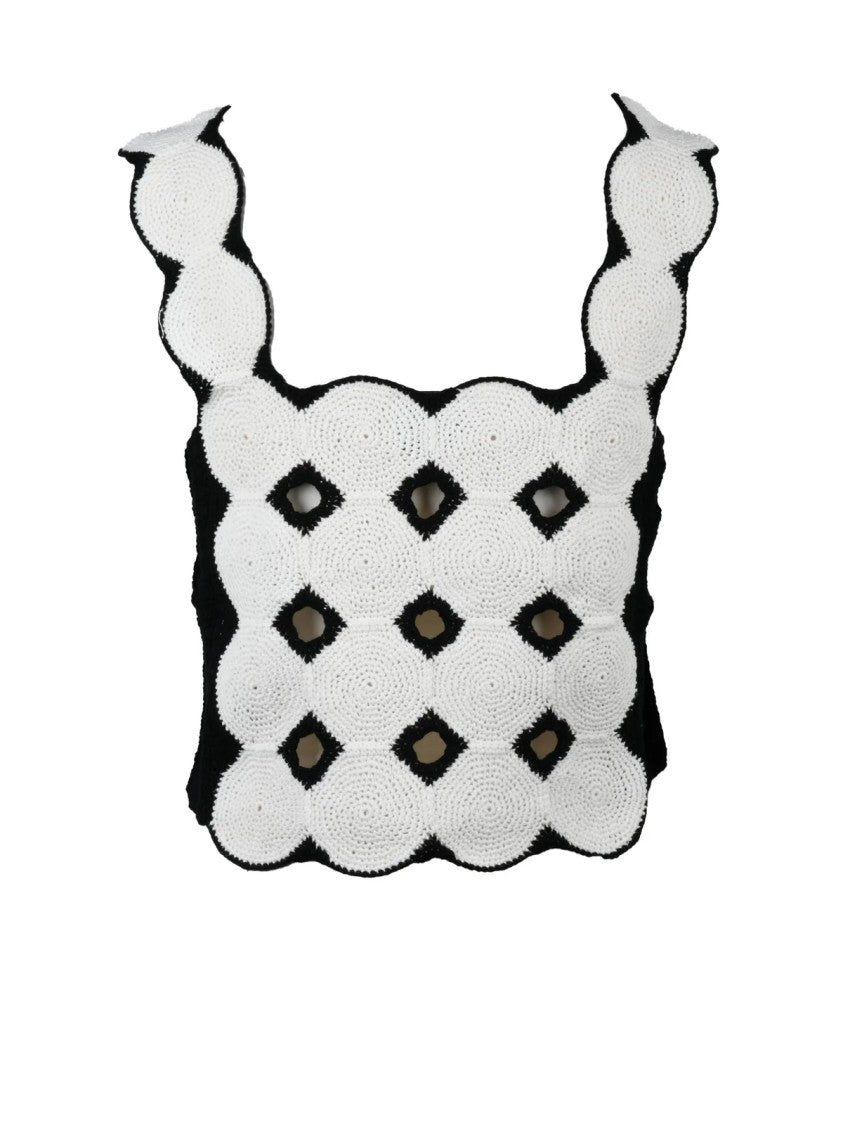 Alpha Studio White Black Linen Cotton Macramé Top