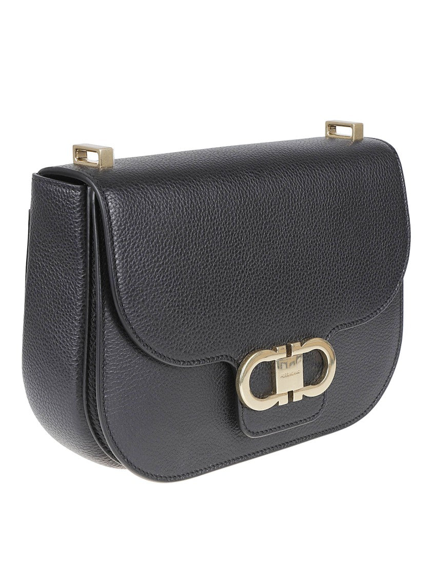 Ferragamo Structured Pebbled Leather Bag With Gold Gancini Closure