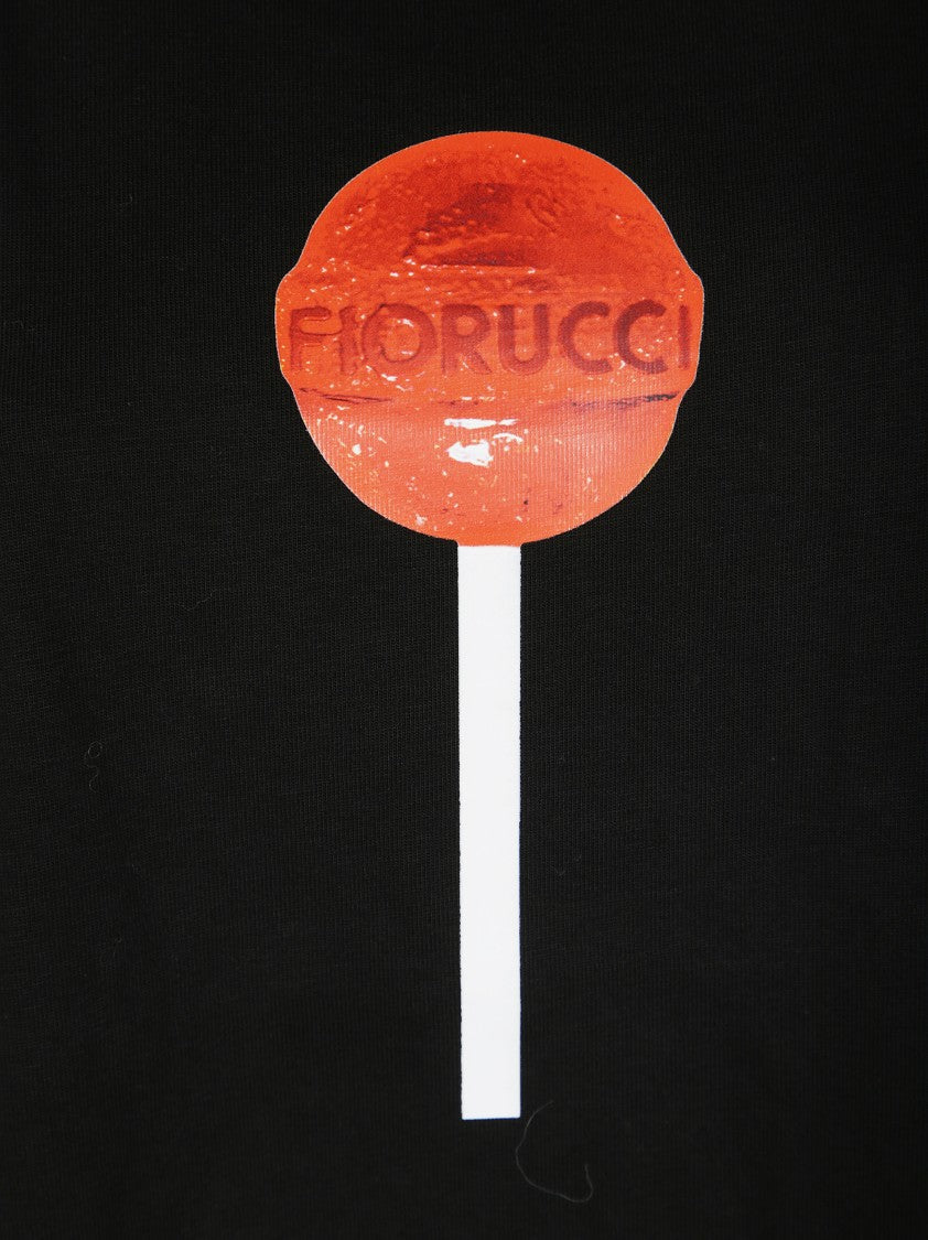 Fiorucci Cropped Black Graphic Print T-Shirt With Round Neckline