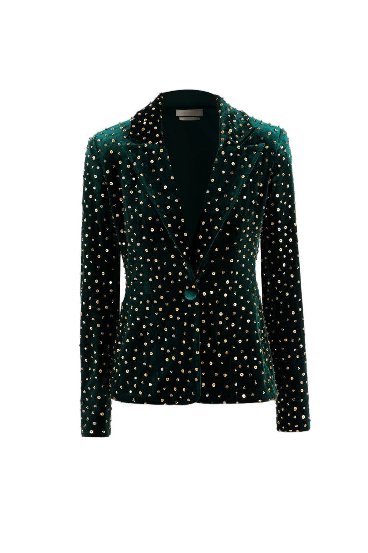 Saiid Kobeisy Green Velvet Beaded Sequined Tailored Jacket