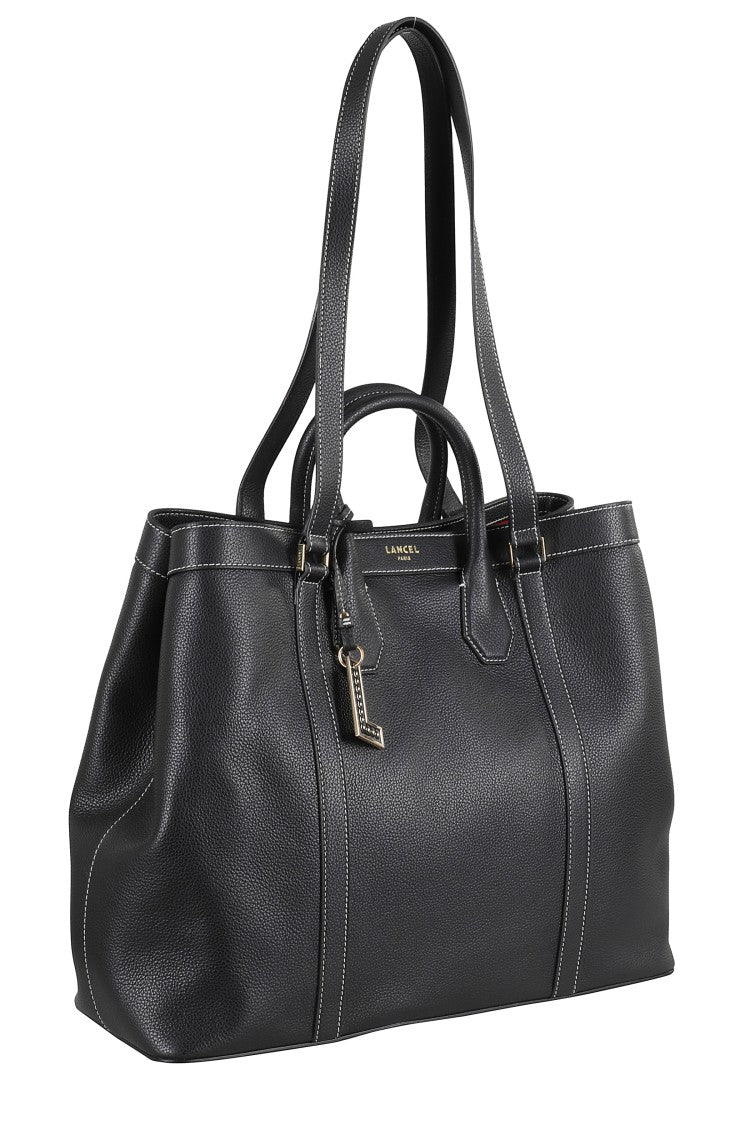 Lancel Spacious Black Leather Tote Bag With Four Handles