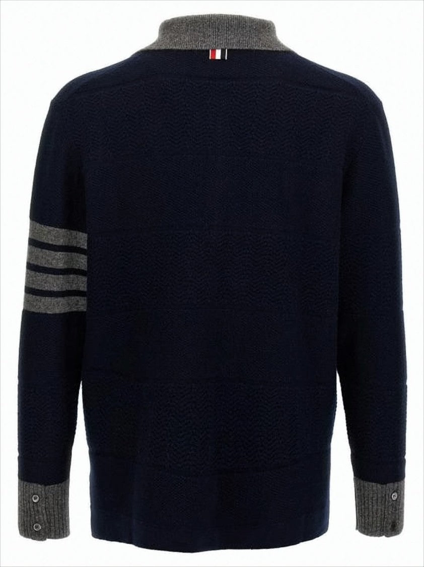 Thom Browne Textured Navy Wool Sweater With Contrasting Accents