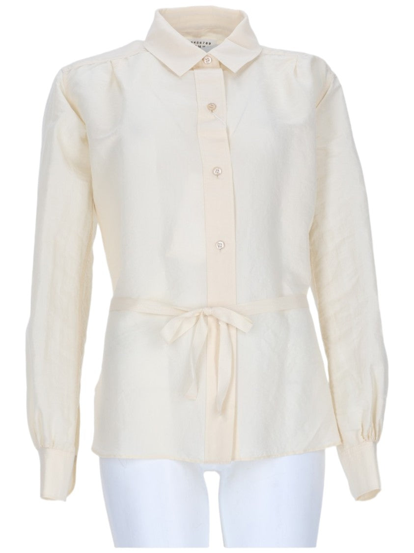 Maison Margiela Silk And Cotton Blend Blouse With Classic Collar And Puffed Sleeves