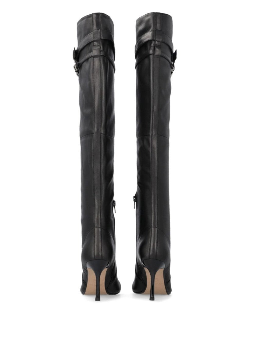 Pinko Pointed Toe Knee-High Boots With Decorative Straps