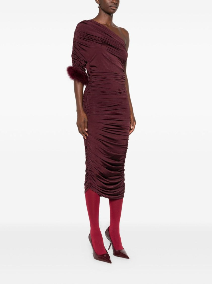 Mugler Burgundy One Shoulder Feather Trim Dress