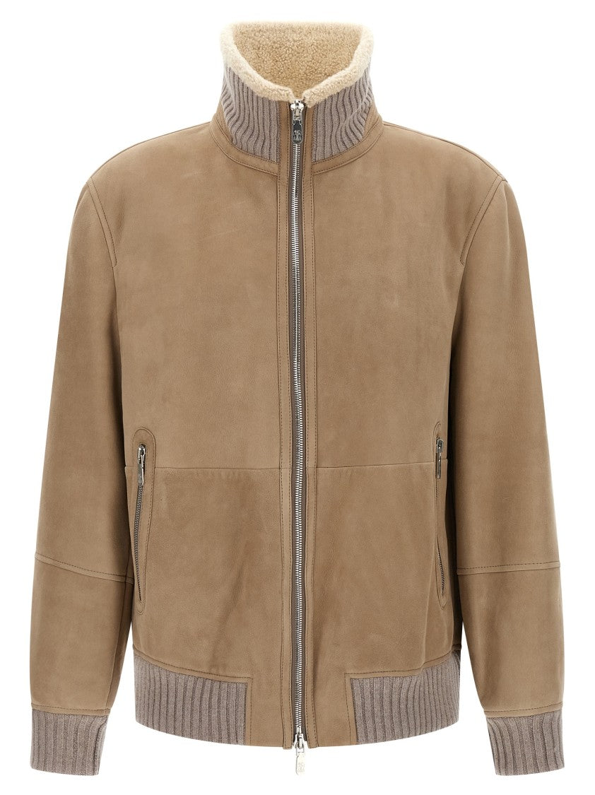 Brunello Cucinelli Suede And Sherling Curly Bomber Jacket