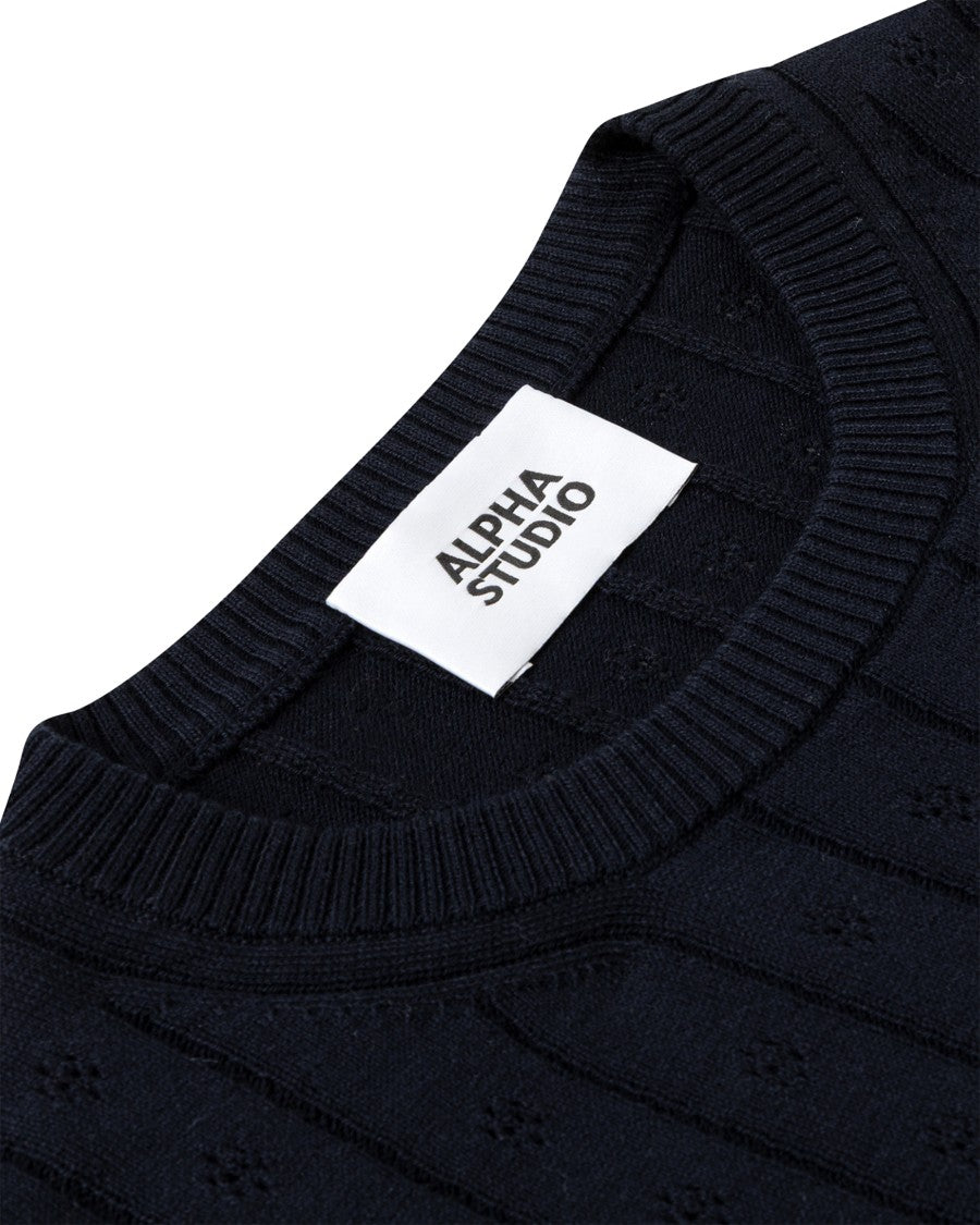 Alpha Studio Night Blue Cotton Knit Top With Openwork Detailing