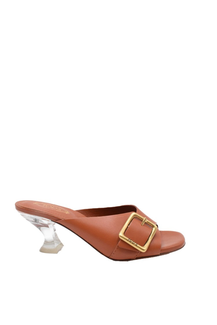 Tod's Brown Buckle Clear Block Heel Leather Sandals
