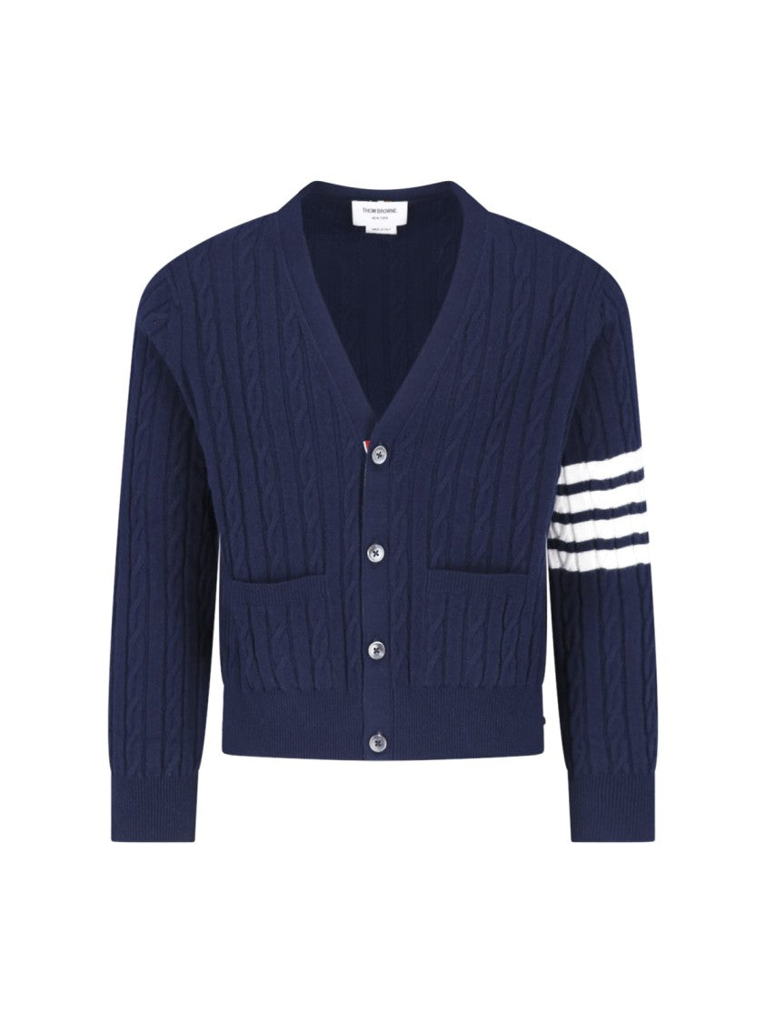 Thom Browne Blue 4-Bar Cable-Knit Cashmere V-Neck Cardigan