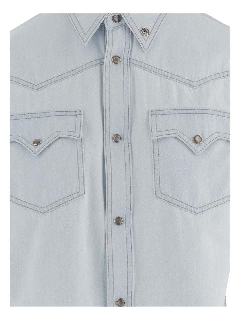 Versace Chambray Denim Shirt With Pointed Collar And Snap Closure