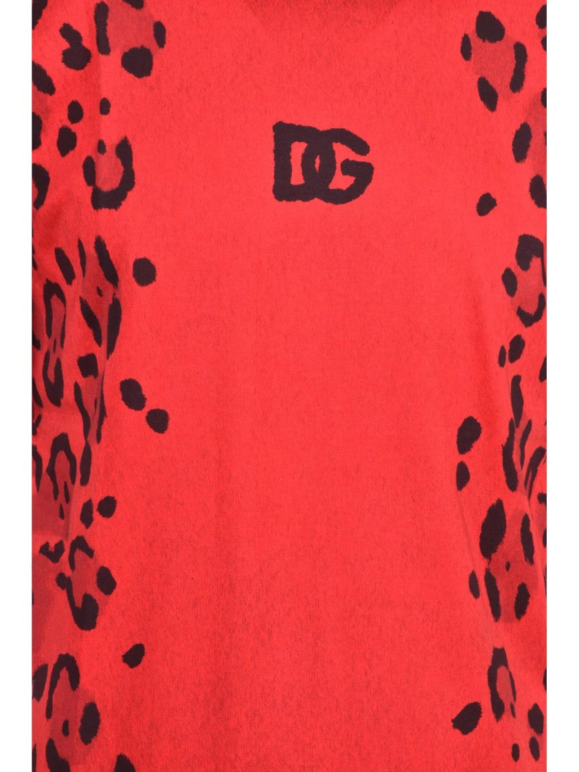 Dolce & Gabbana Red Black Leopard Print Detail Cotton T-Shirt