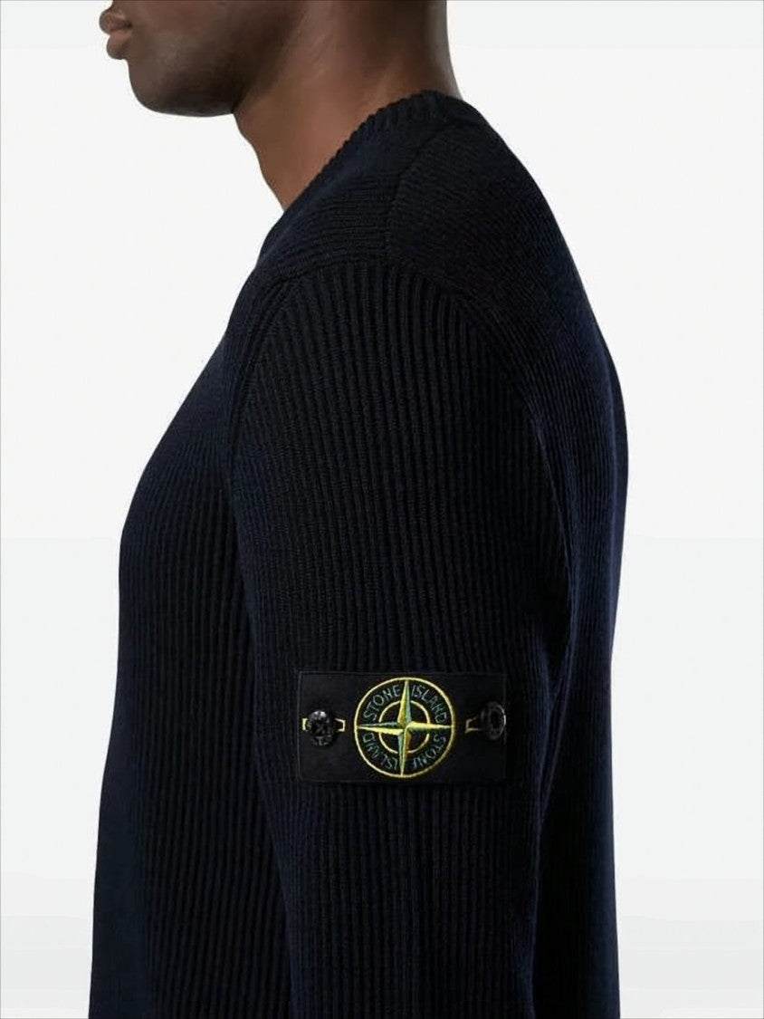 Stone Island Ribbed Knit Black Sweater With Distinctive Sleeve Patch