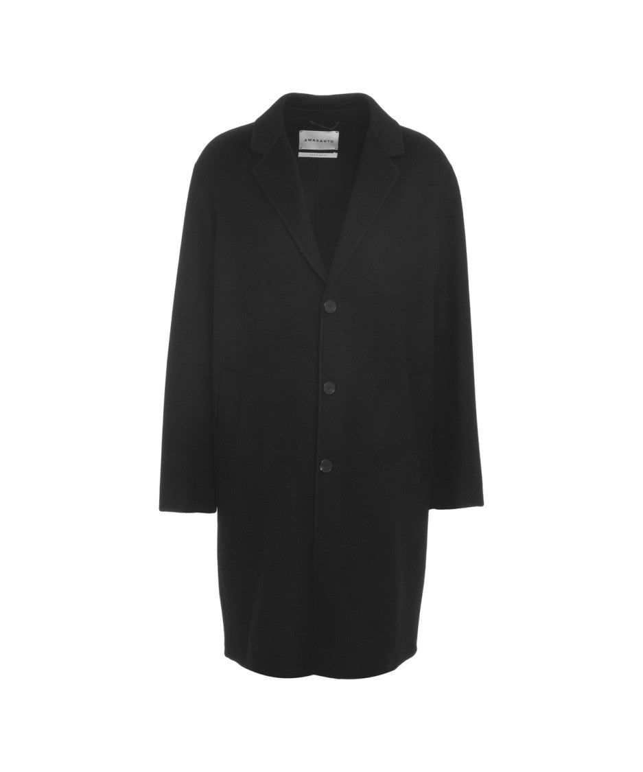 Amaranto Black Cashmere-Wool Blend Coat With Notch Collar