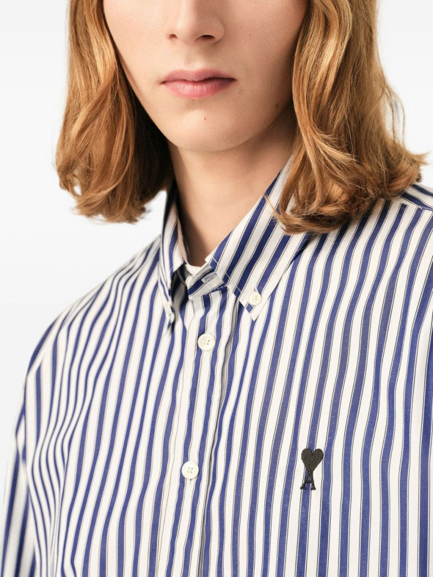 Ami Paris Button-Down Shirt With Vertical Navy And White Stripes