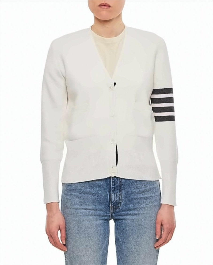 Thom Browne White Merino Wool Cardigan With V-Neckline And Button-Down Front