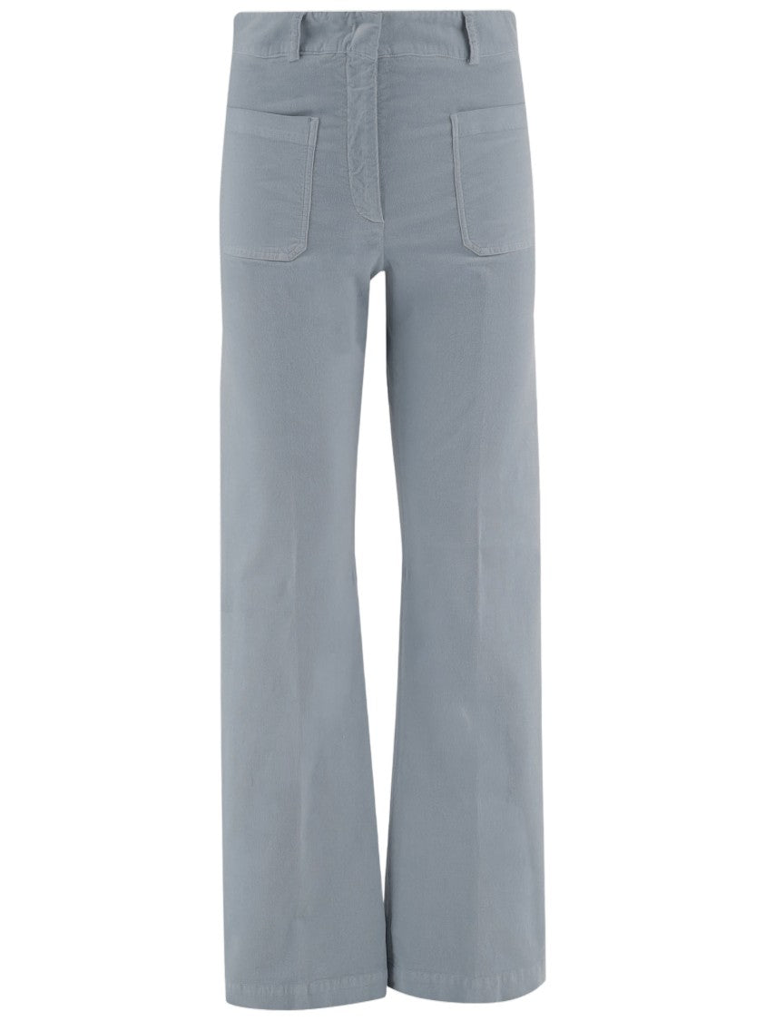 Ql2 Light Blue Stretch Cotton Velvet Flared Pants With Pressed Center Crease