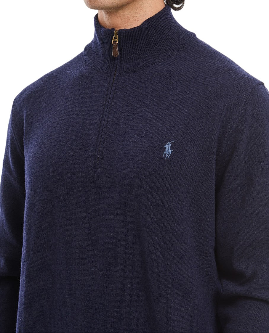 Polo Ralph Lauren Blue Ribbed Trim Merino Wool Half-Zip Sweater