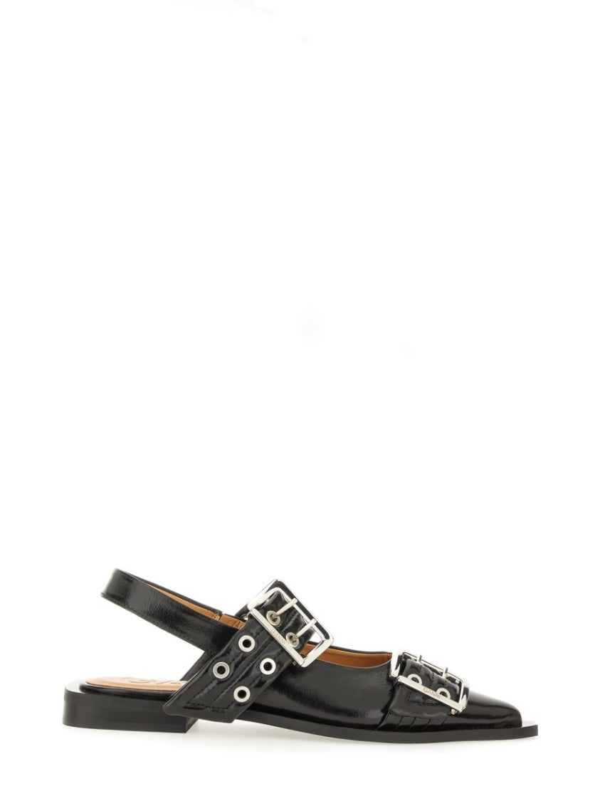 Ganni Pointed Toe Silver Buckle Polyester Flats