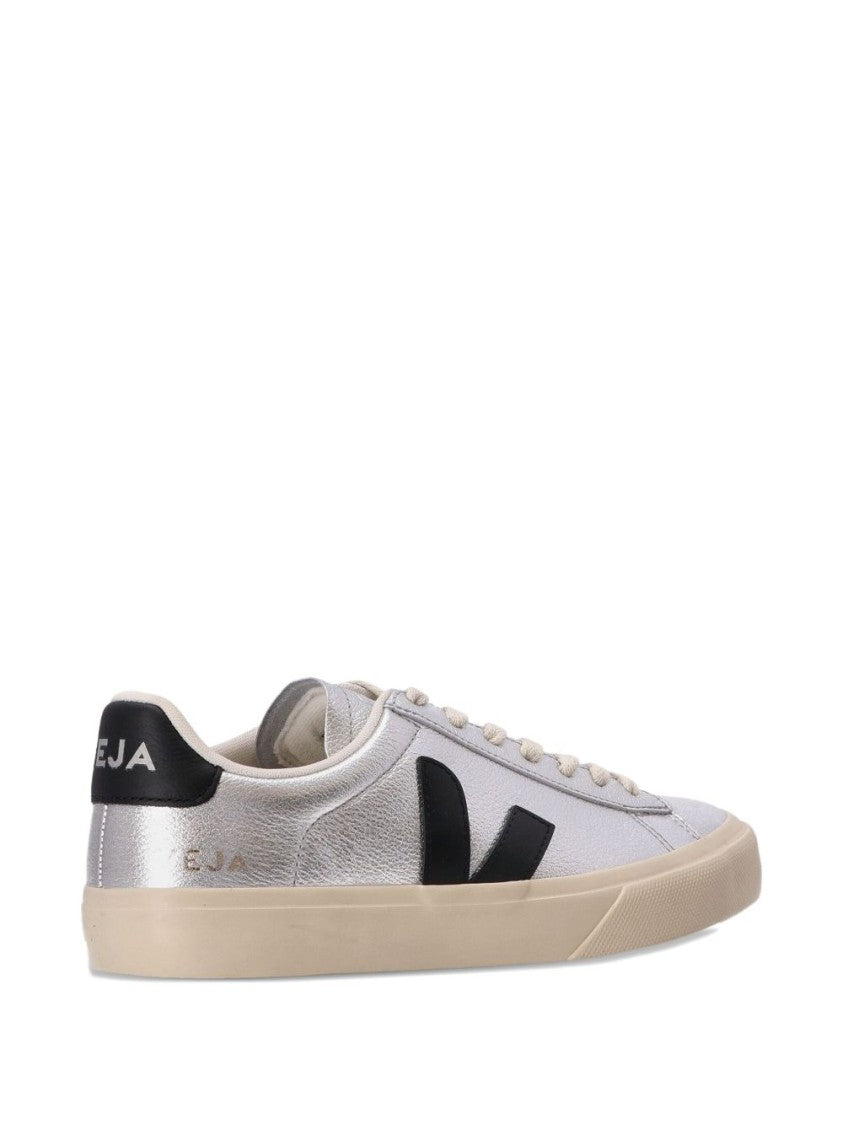 Veja Metallic Silver Leather Sneakers With Black Accents
