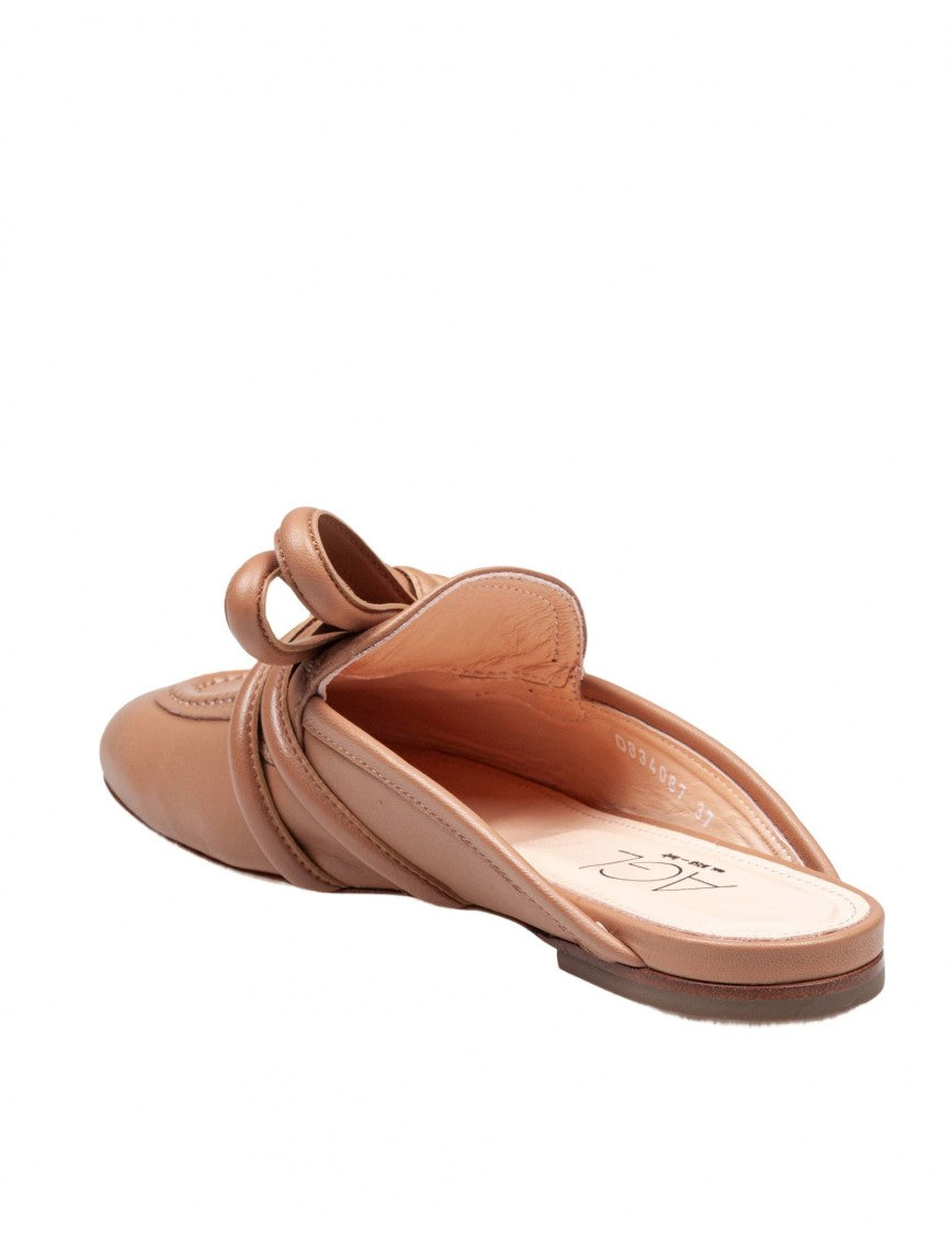 Agl Cocoa Leather Mules With Knotted Ribbon Detail