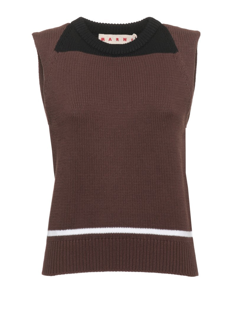 Marni Brown Contrasting Neckline Knit Tank Top