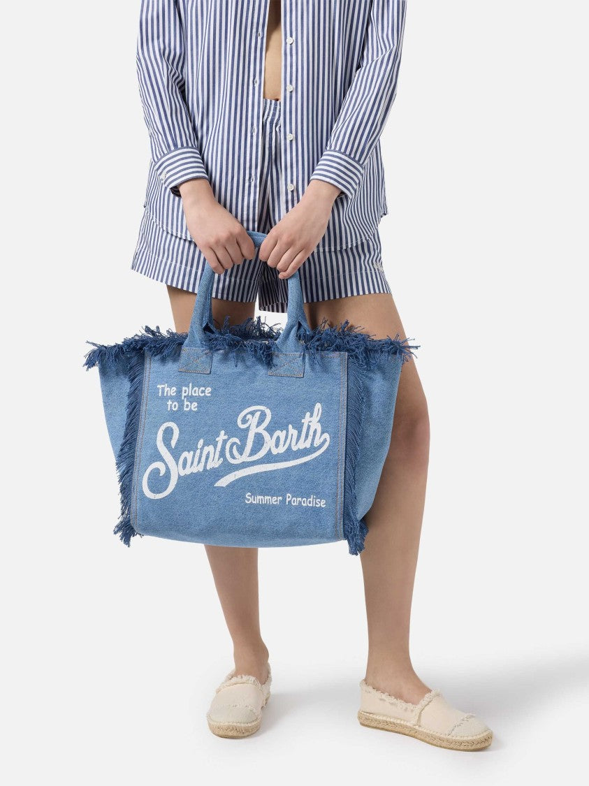 Mc2 Saint Barth Oversized Denim Tote Bag With Frayed Edges