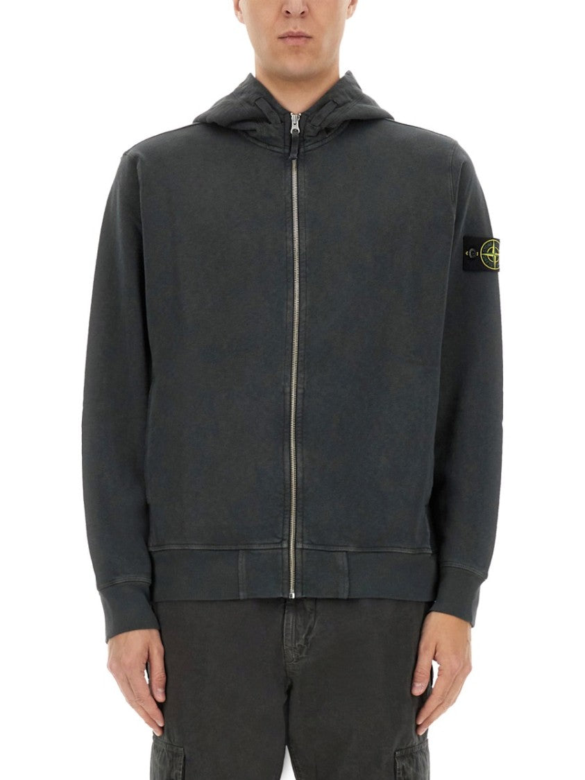 Stone Island Grey Zipper Hoodie With Classic Hood