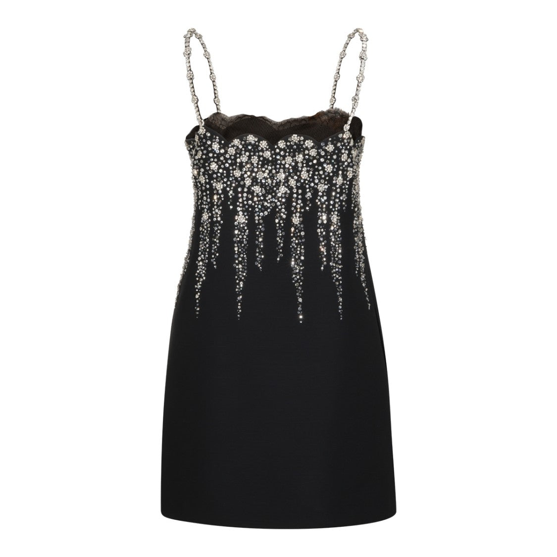 Valentino Sleek Mini Dress With Crystal Embellishments And Scalloped Neckline