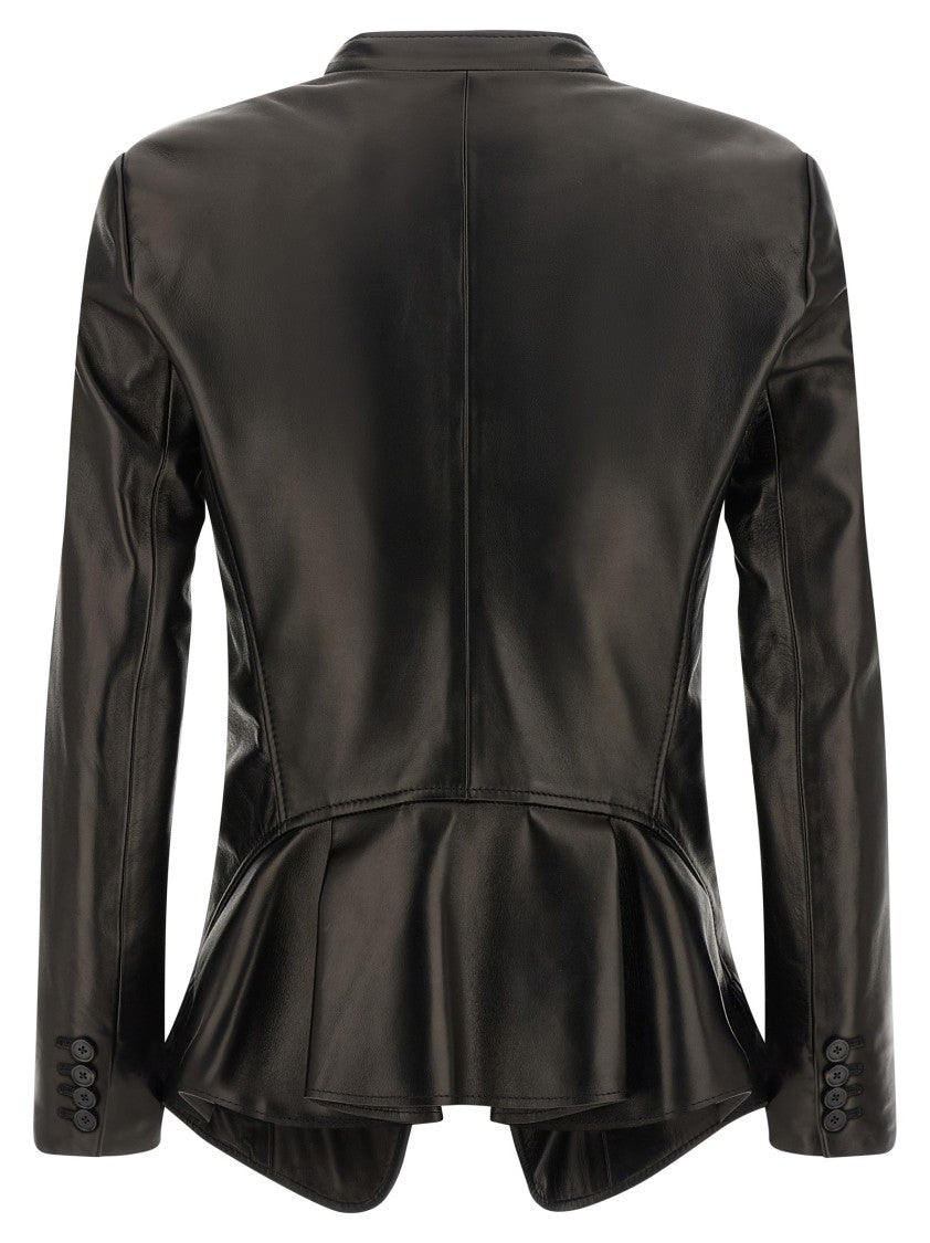 Mcqueen Nappa Leather Single-Breasted Blazer With Asymmetric Hem