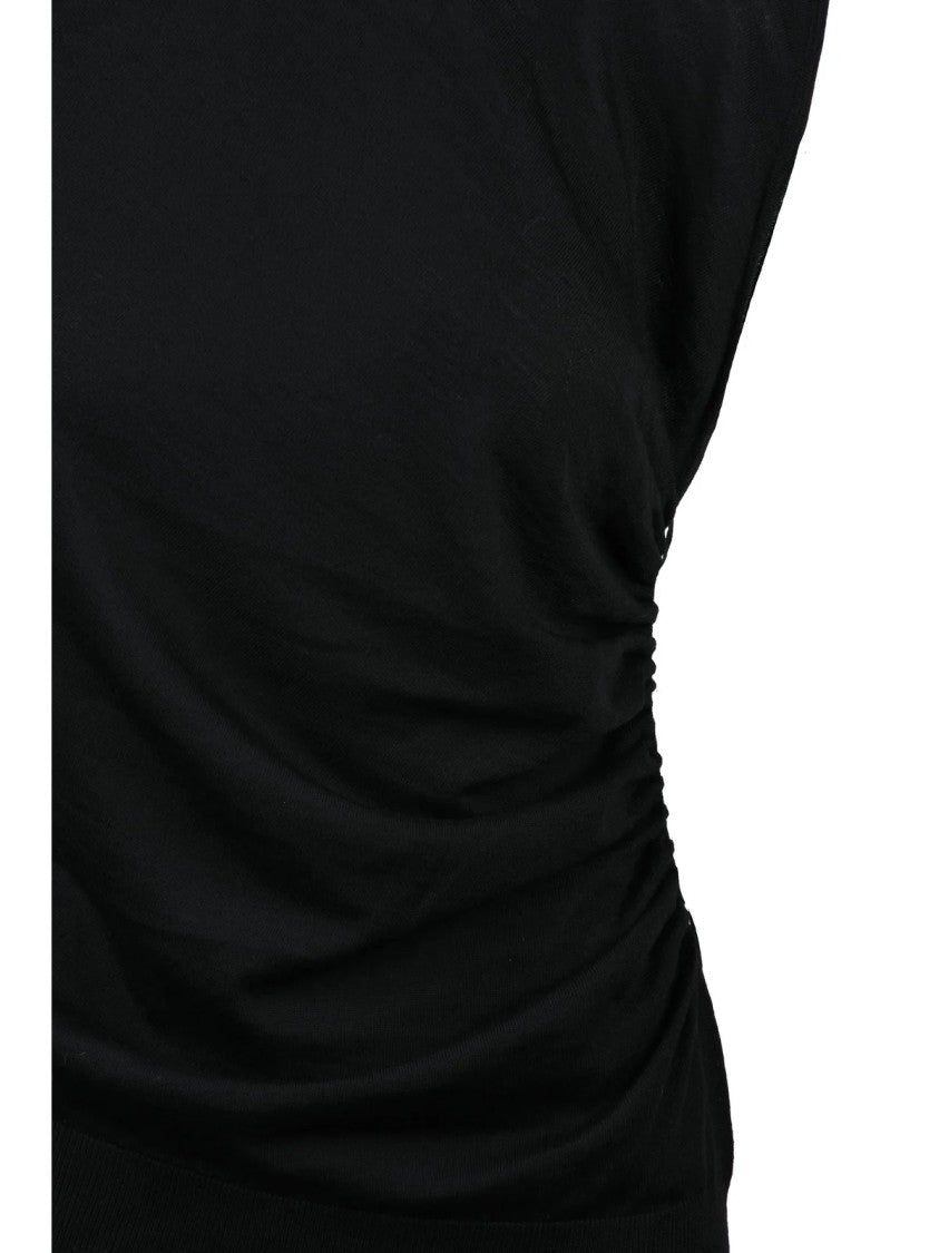 Liviana Conti Fitted Black Virgin Wool Top With Subtle Ruching