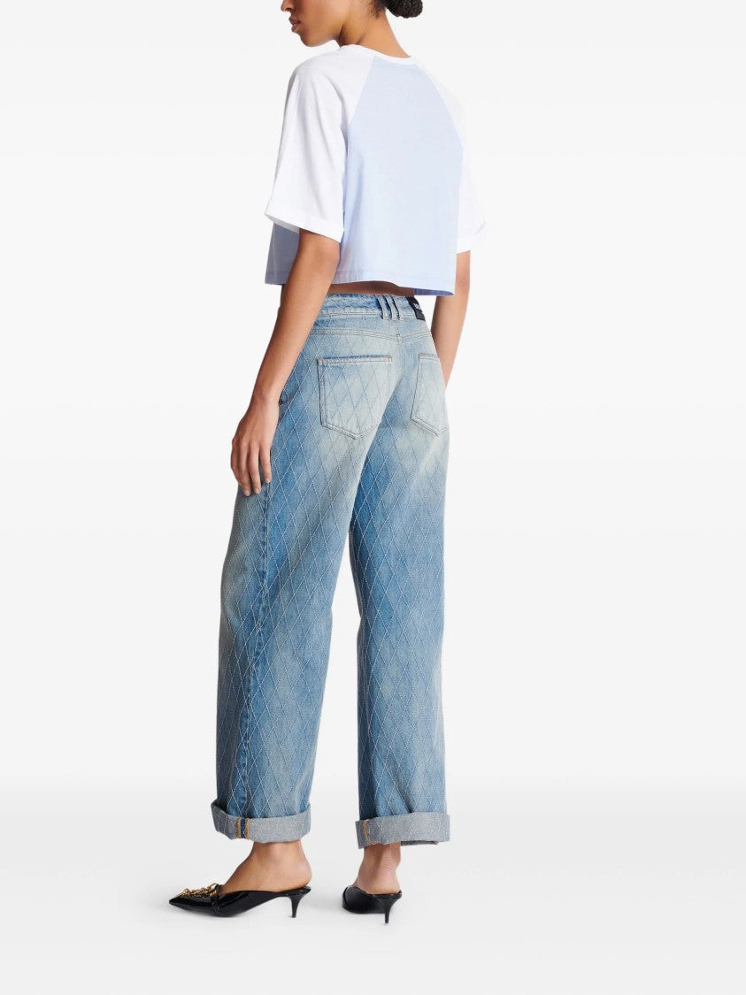 Balmain Light Blue Cropped Organic Cotton T-Shirt