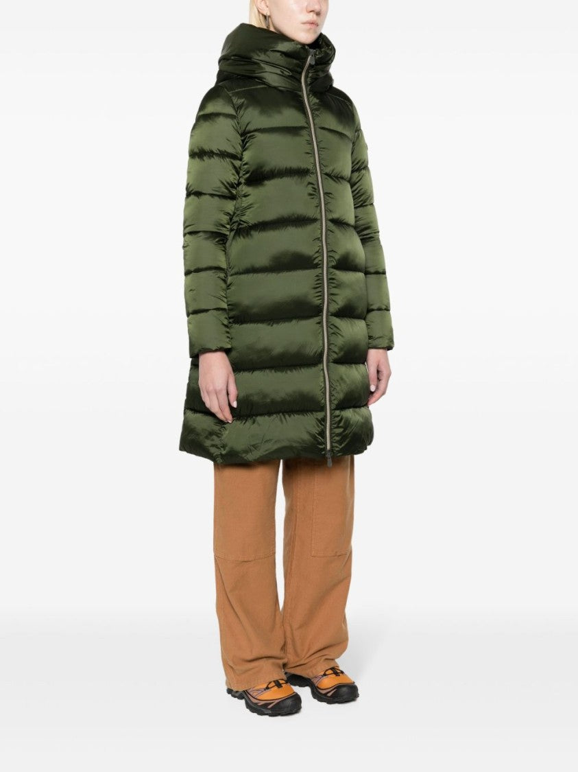 Save The Duck Dark Green Padded Coat With Appliqué Logo And Two-Way Zip