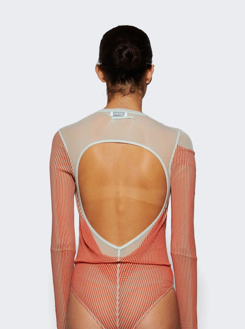 Jean Paul Gaultier Double Layer Pinstripe Body Morphing Bodysuit Mint And Coral
