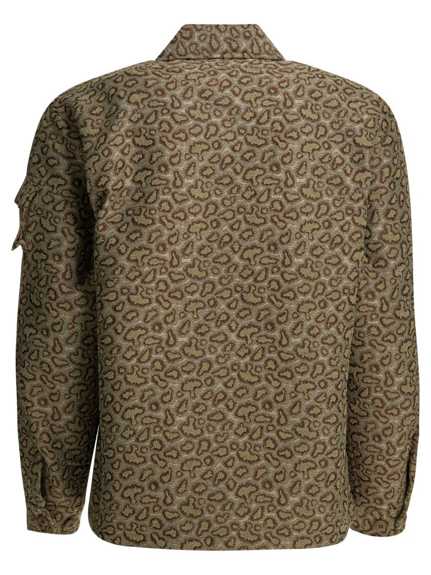Beams Plus Boxy Beige Jacket With Abstract Leopard Print And Button-Up Closure