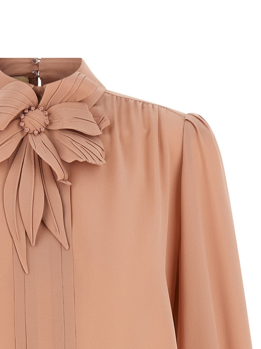 Valentino Garavani Crêpe De Chine Top With Floral Appliqué And Pleated Detailing