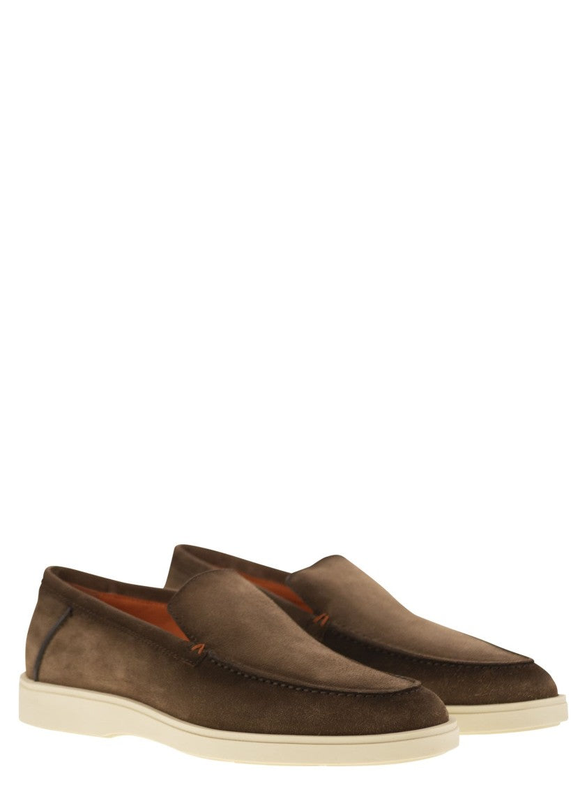 Santoni Brown Suede Moccasin With Orange Detailing