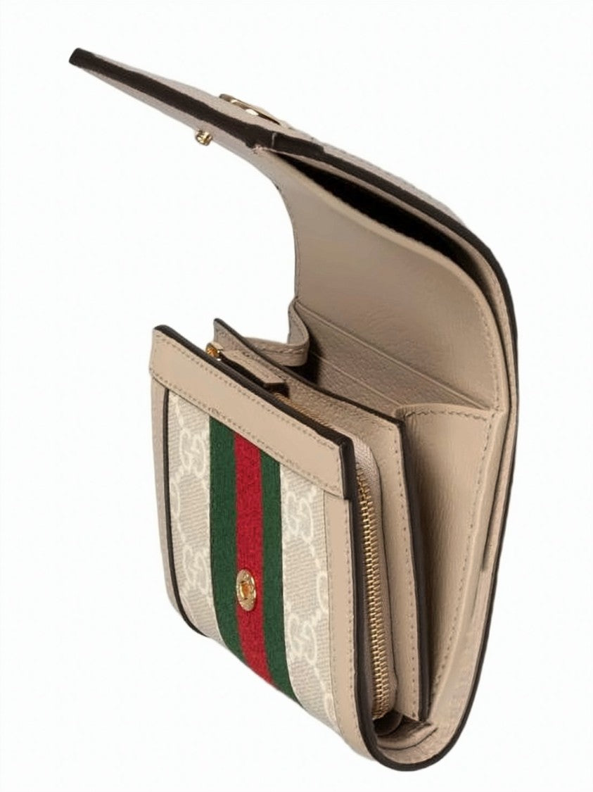 Gucci Compact Monogram Card Case Wallet With Gold-Tone Clasp