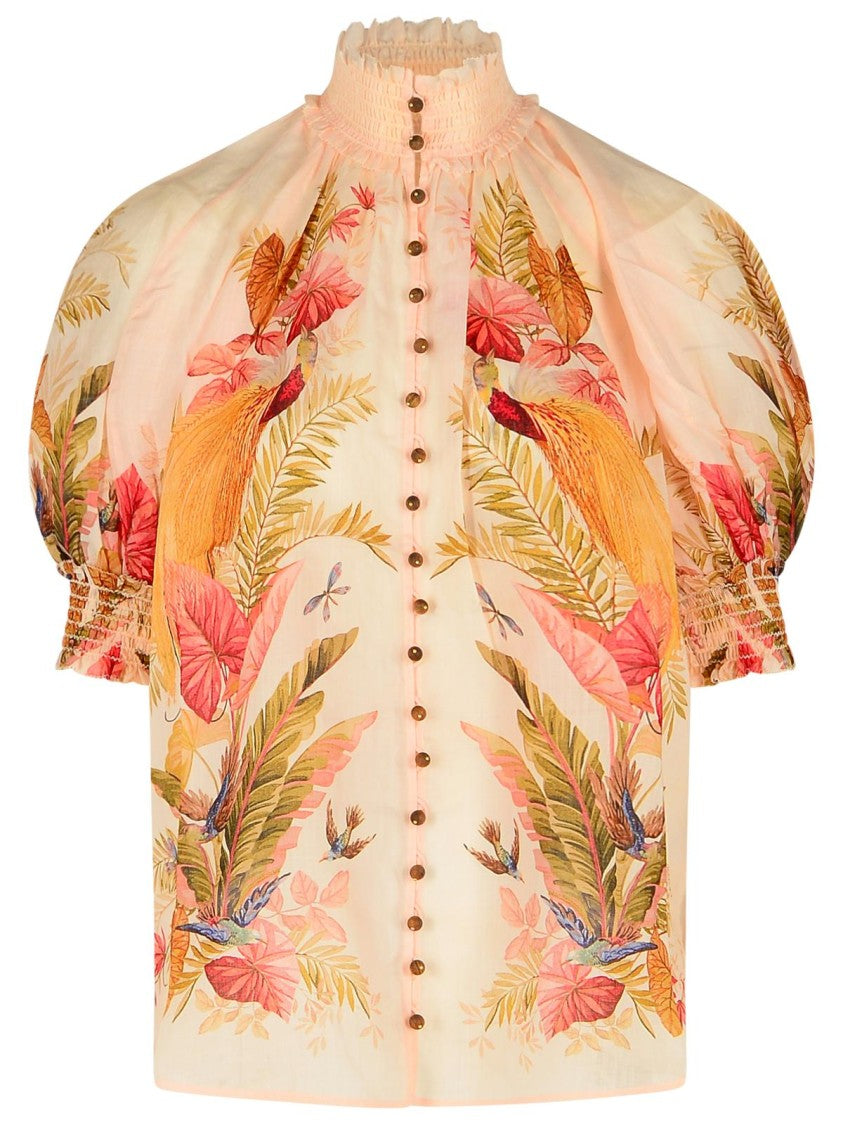 Zimmermann 'Billow' Ramie Puff Sleeves Blouse In 'Cream Palm Floral'