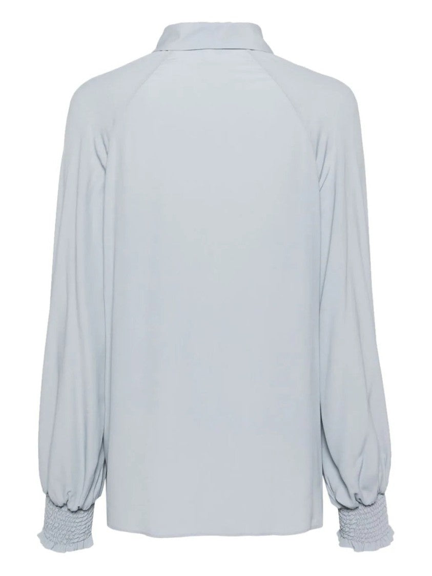 Eleventy Blue Long Sleeve Smocked Cuffs Silk-Blend Shirt
