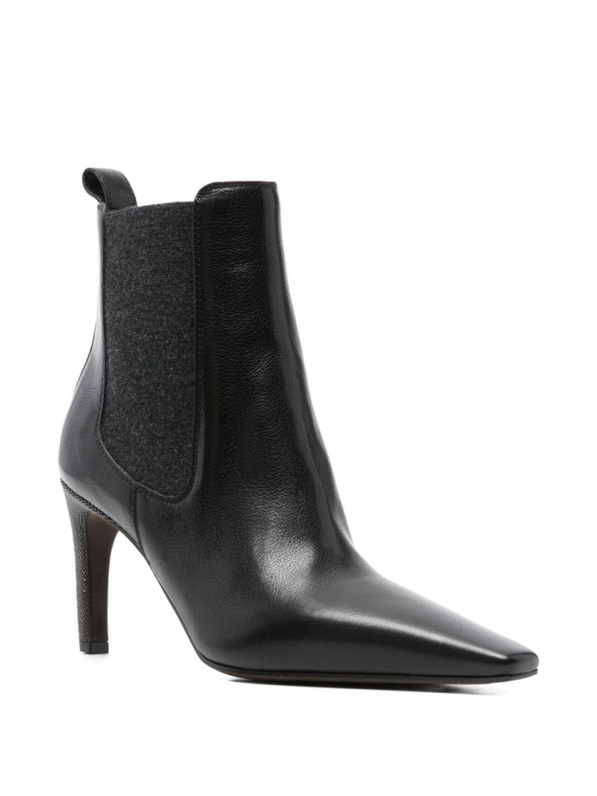 Brunello Cucinelli Pointed Toe Leather Ankle Boots With Stiletto Heel