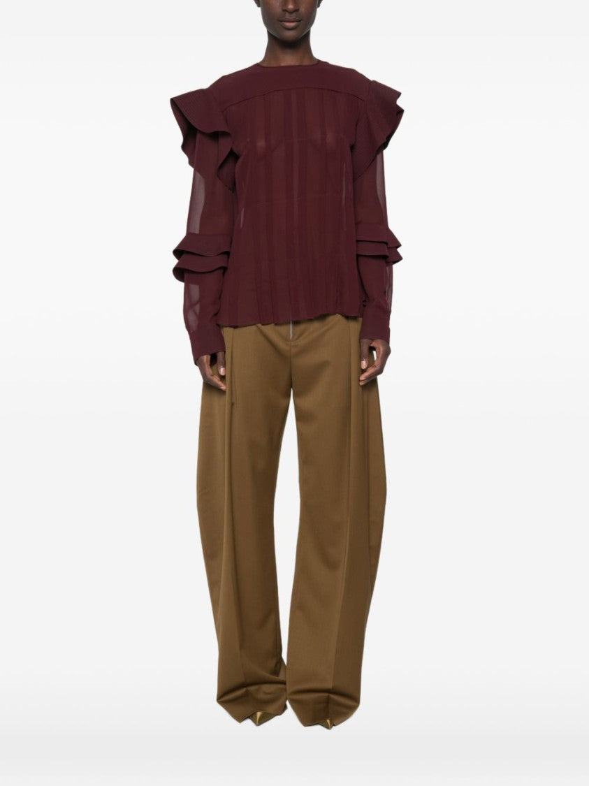 Lanvin Burgundy Sheer Ruffled Silk-Nylon Blouse