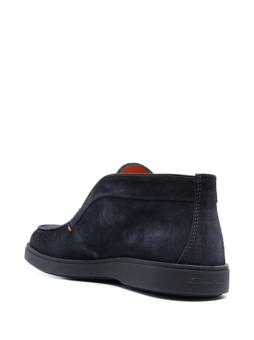Santoni Midnight Blue Calf Suede Slip-On Shoes With Branded Insole