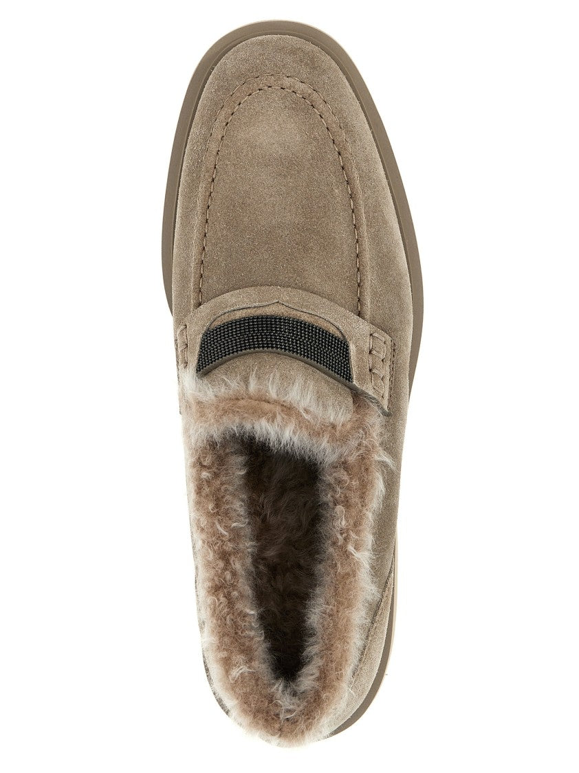 Brunello Cucinelli Suede Loafers With Monile Detail And Fur Lining