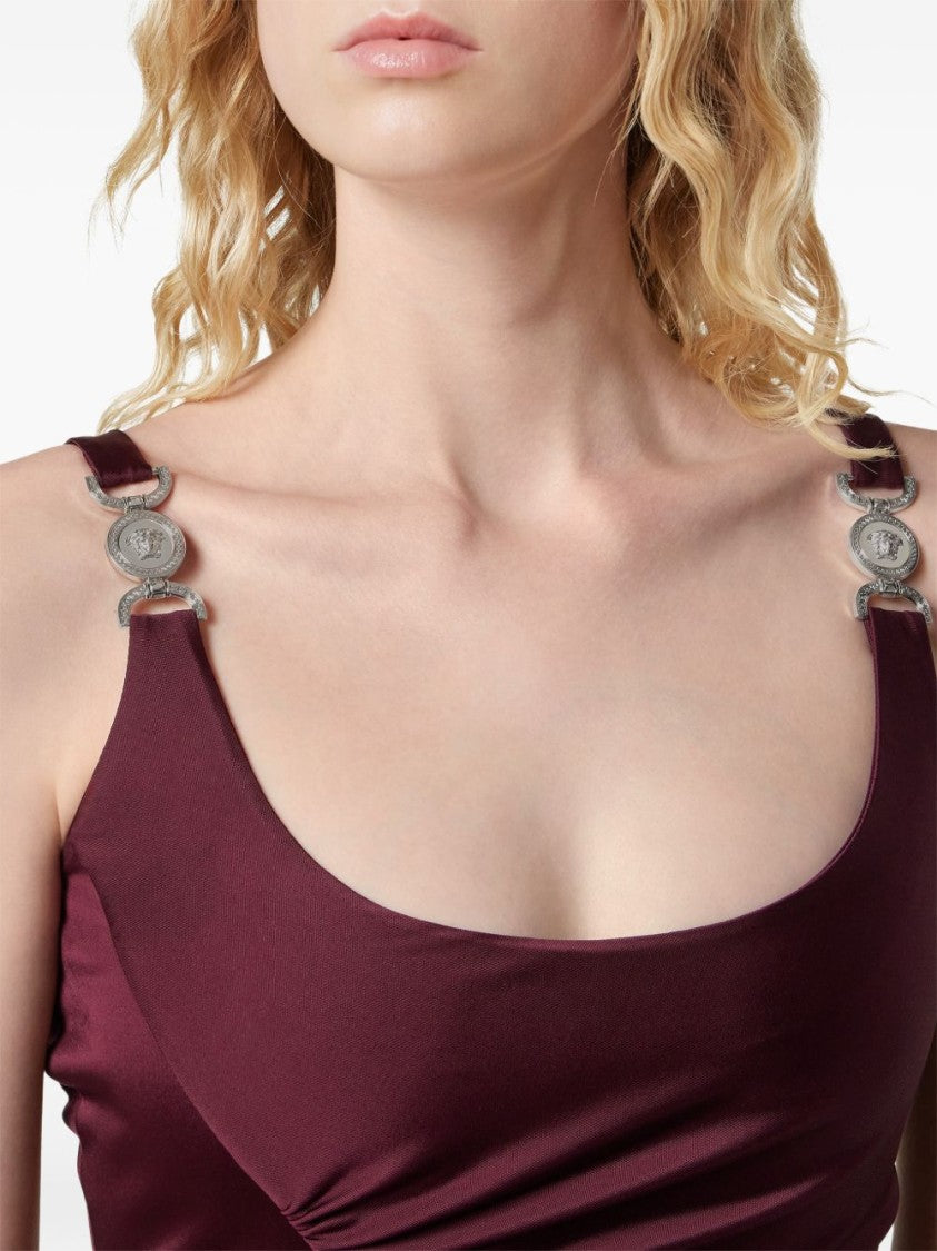 Versace Ruched Midi Dress With Silver Medallion Accents