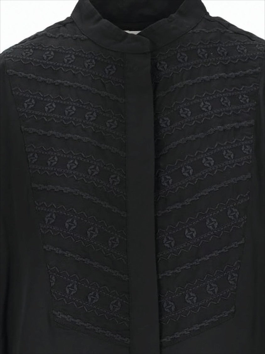 Isabel Marant Mandarin-Collared Black Blouse With Tonal Embroidery