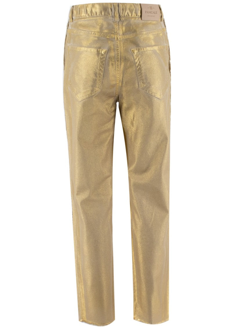 Panicale Fringe-Detailed Gold Viscose Trousers With Drawstring Waist
